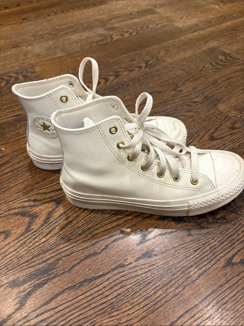 Converse Kids White Leather High Top Sneakers with Gold Eyelets
